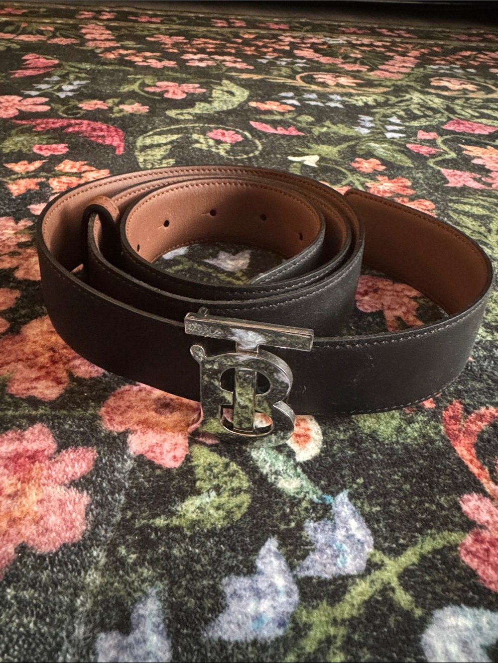 Women’s Black Leather Belt with Silver Monogram Buckle